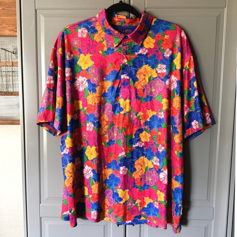 Pins‎ & Aces Mens Tropical Floral Performance Golf Polo SS Shirt, Multi,XXL